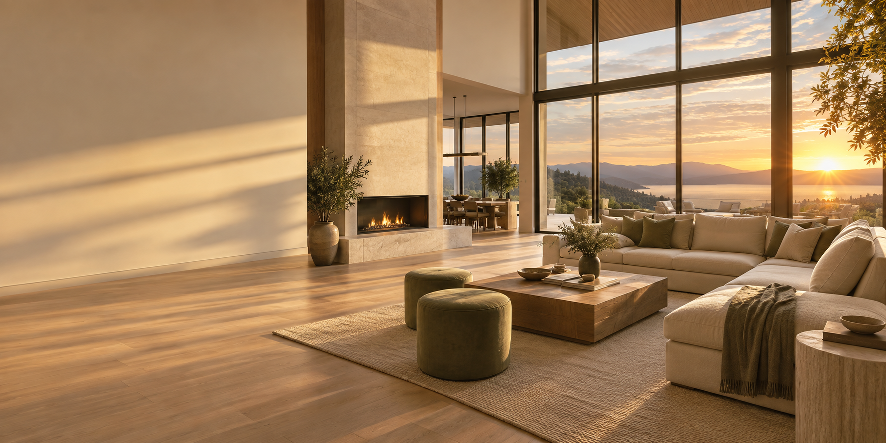Elegant modern home interior illuminated by a warm sunset gleam