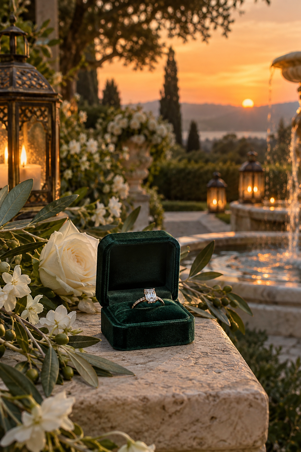 Engagement ring in a golden-hour garden